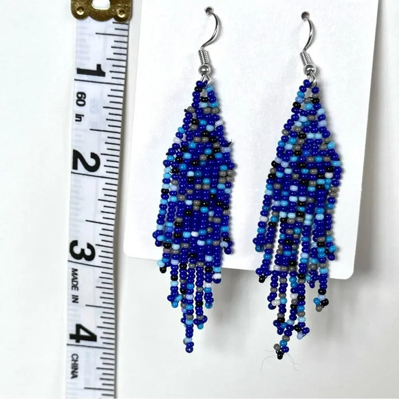 Western Beaded Handmade Tassel Fringe Blue Earrings - Picture 2 of 3